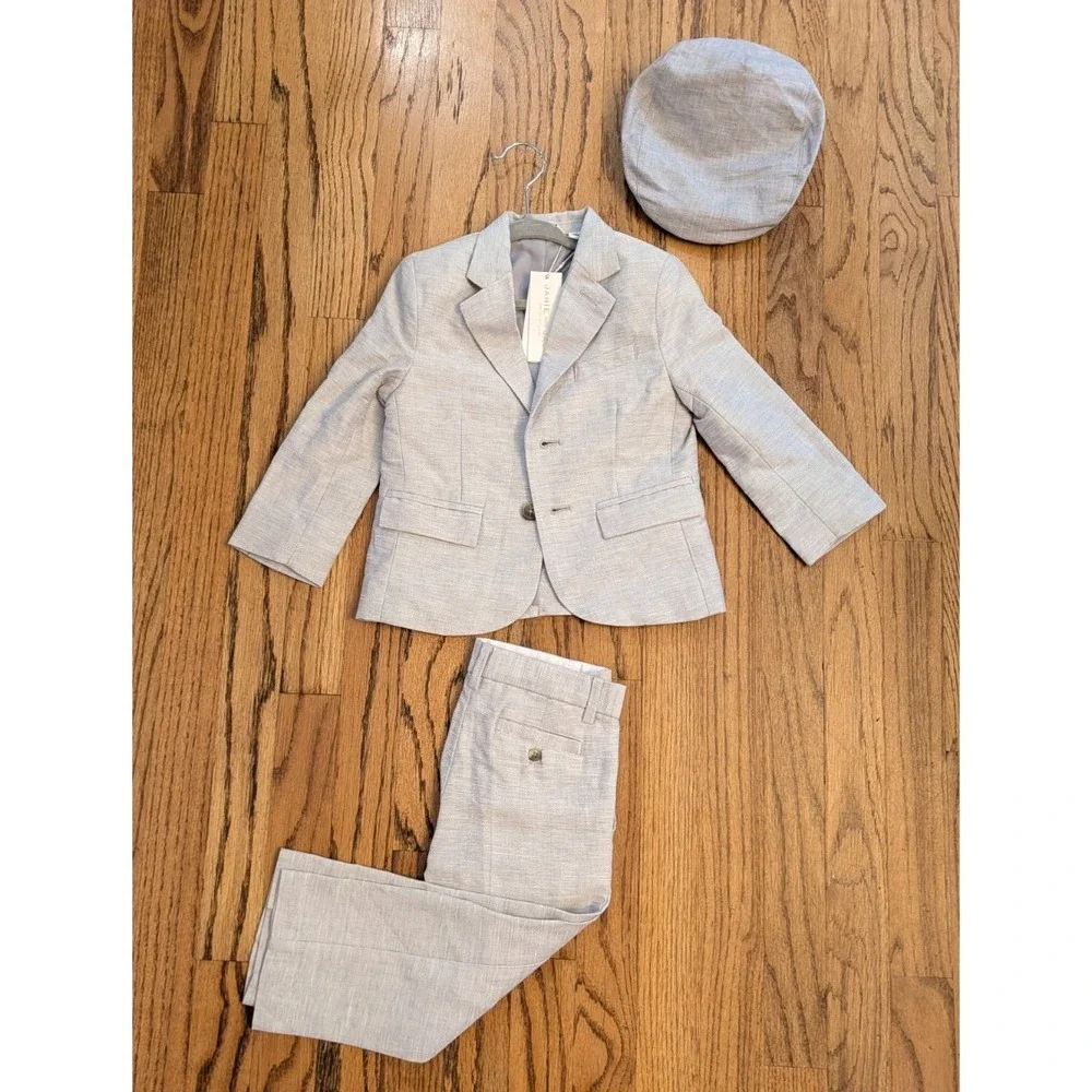 Janie and Jack Boys 2T 3-Piece Suit Set Grey Blazer Pants Cap Outfit Linen Blend